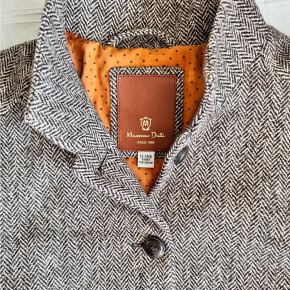 Massimo Dutti Wool Peacoat Trench Herringbone Sparkle Brown 13Y 14Y Sz 14-16 - Picture 7 of 15